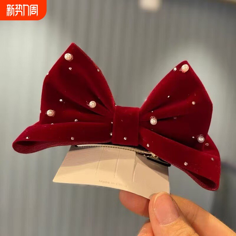 百搭酒红色蝴蝶结发夹在逃公主珍珠蝴蝶结立体发圈新年女孩饰品