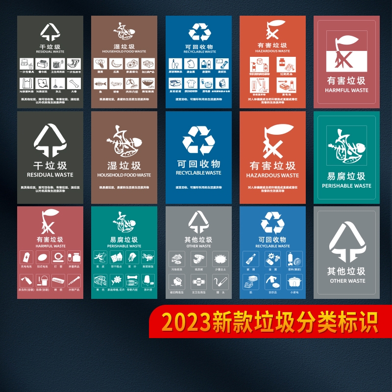 垃圾分类标识贴纸上海苏州成都武汉垃圾桶标志不可回收有害易腐厨余其他干湿指示幼儿园宣传标语信息防水新款