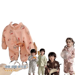 女童米高绒睡衣秋冬季可爱kt猫男童宝宝套装儿童珊瑚绒家居服T161