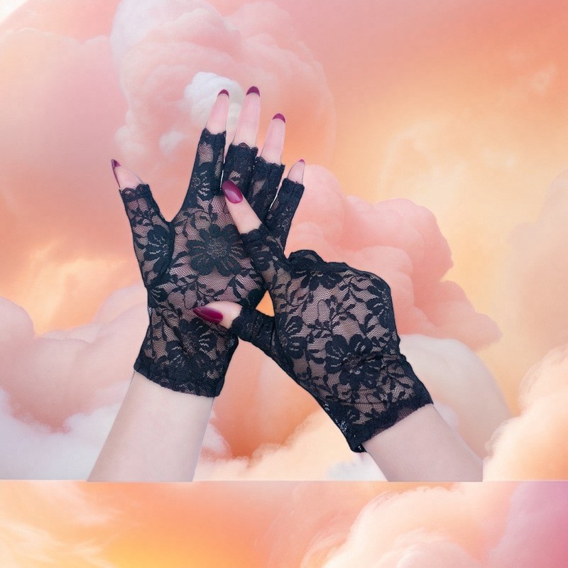 薄款防晒手套女夏蕾丝性感复古网纱半指防开车露指短款黑色白色
