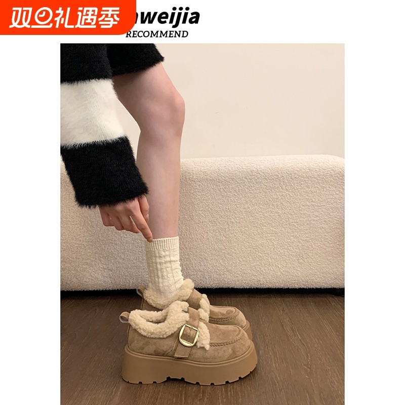 厚底增高加绒保暖雪地靴女鞋子2025新款冬季勃肯鞋毛毛棉鞋乐福鞋