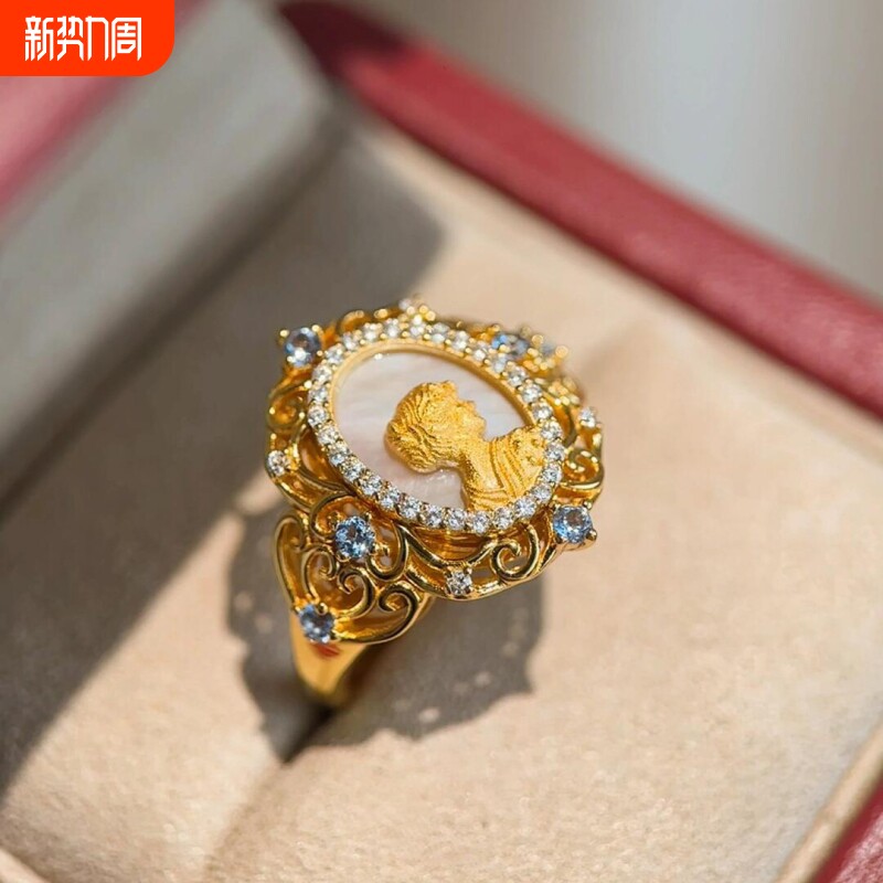 中古女王头像开口戒指女小众设计复古轻奢优雅女神锆石高级感手饰