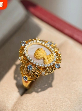 中古女王头像开口戒指女小众设计复古轻奢优雅女神锆石高级感手饰