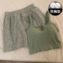 夏季睡衣女带胸垫吊带夏天纯棉背心碎花短裤薄款可外穿家居服套装