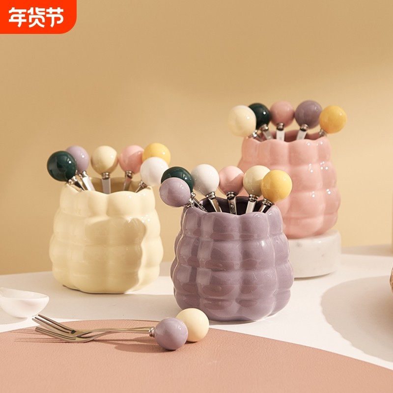 水果叉套装奶油风收纳罐叉子家用陶瓷少女心高颜值创意可爱瓶罐