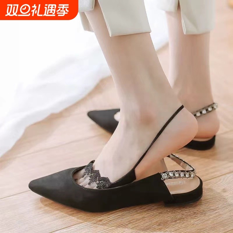 袜子女浅口夏季超薄款半掌半截隐形纯棉底高跟鞋蕾丝花边吊带船袜