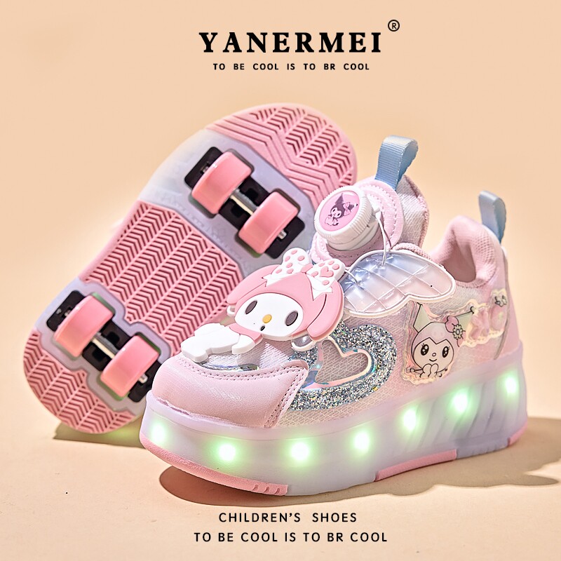 天使美乐蒂女童闪灯网面暴走鞋儿童两穿四轮轮滑运动鞋溜冰儿童鞋