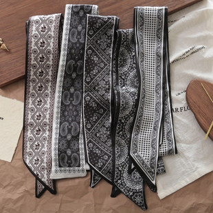 装饰发带细窄长条腰果花小丝巾领巾包包配饰腰带飘带女咖色黑白