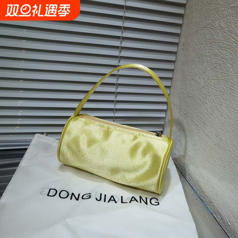 包包女新款小众复古手工缎面圆筒包手提手拎包小包百搭