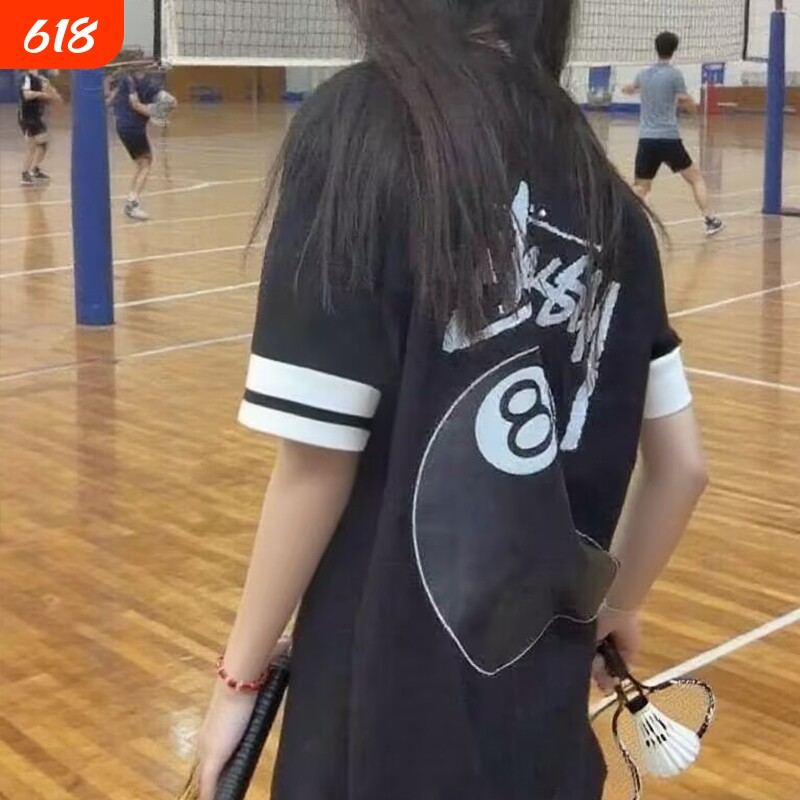 潮牌Stu短袖t恤运动健身篮球8球骰子斯图西上衣男女外贸纯棉黑色