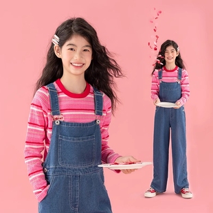 新款 顯高減齡中大童休閑美式 女童直筒背帶褲 甜酷牛仔褲 春秋季 童裝