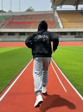 斯图西Stu卫衣连帽纯棉加绒冬拉链开衫上衣运动跑步白色灰色黑色