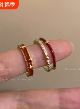 双层红色星星戒指女ins小众设计感开口可调节指环个性百搭食指戒
