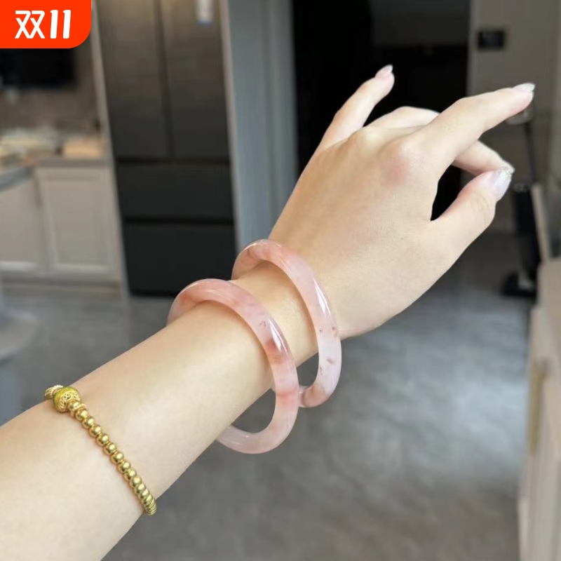 纯天然桃花酿玉镯金丝玉高冰透西柚色女款圆条手镯粉色少女送女友