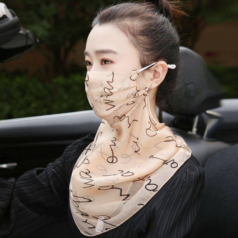 %桑蚕丝面罩口罩护颈遮阳面纱女遮脸围巾薄款透气丝巾夏季