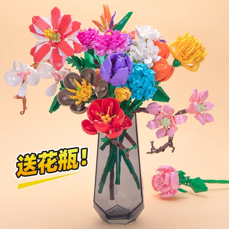 2025新款永生花积木玫瑰花束花瓶女孩拼装系列小颗粒儿童益智玩具