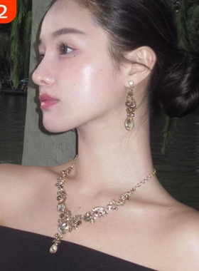 欧美夸张香槟色镶钻镂空水滴蝴蝶项链女晚礼服配饰锁骨链流苏