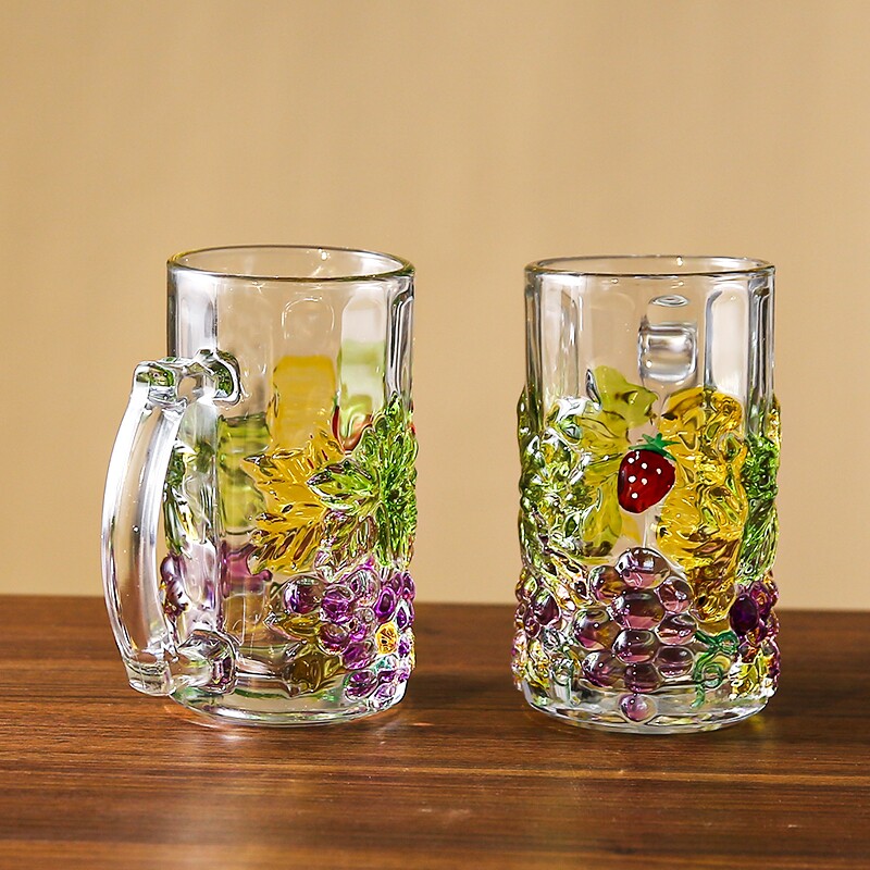 葡萄玻璃杯水晶玻璃水杯彩色高颜值杯子牛奶杯饮料杯带把酒杯啤酒