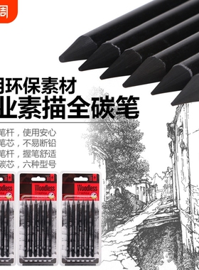 炭画铅笔软性素描硬性炭棒中性绘画速写碳笔软炭全炭笔美术生专用炭铅笔碳精条炭精条HB2B4B6B8BE专业