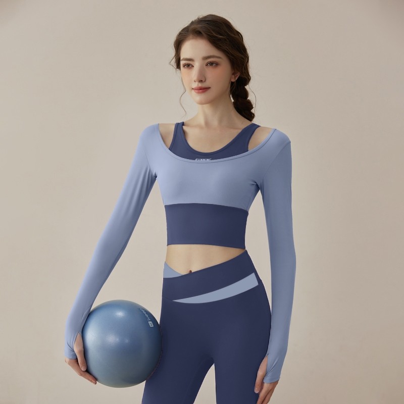 新款套装秋冬季透气速干高级运动长袖晨跑普拉提健身带胸垫瑜伽服