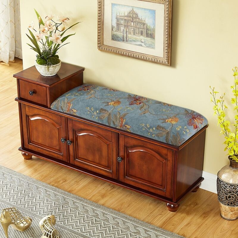 a美式实木换鞋凳家用门口可坐一体鞋柜软包坐垫进门入户穿鞋座凳