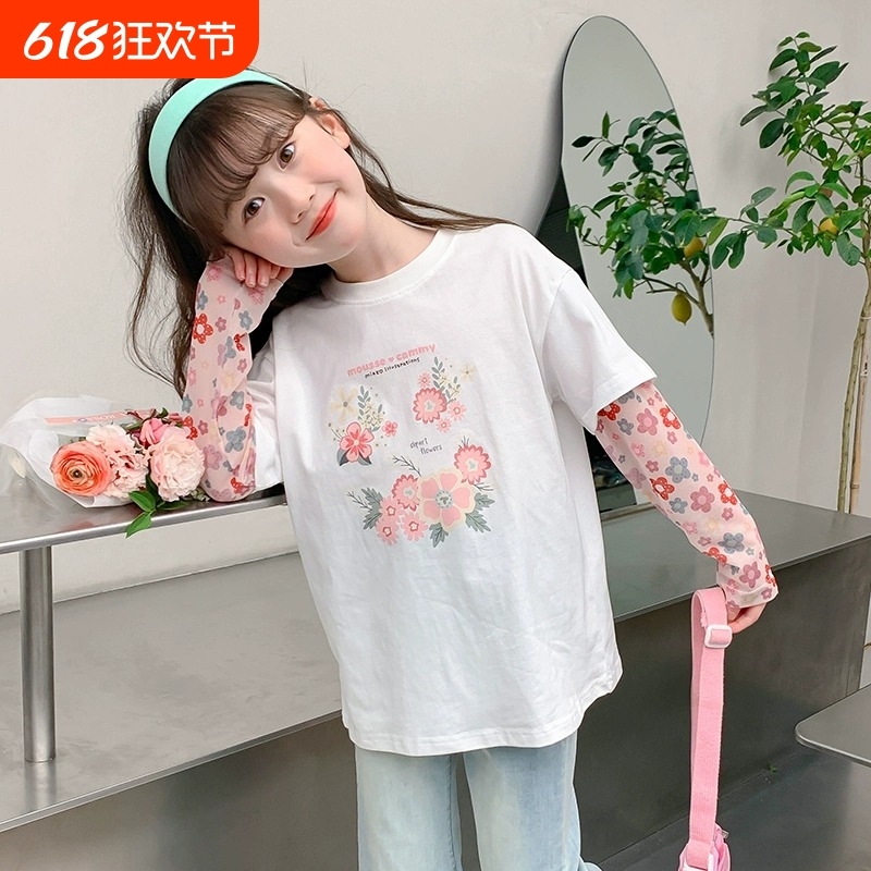 女童短袖t恤2025新款防晒夏季儿童速干上衣长袖假两件T冰丝大童装