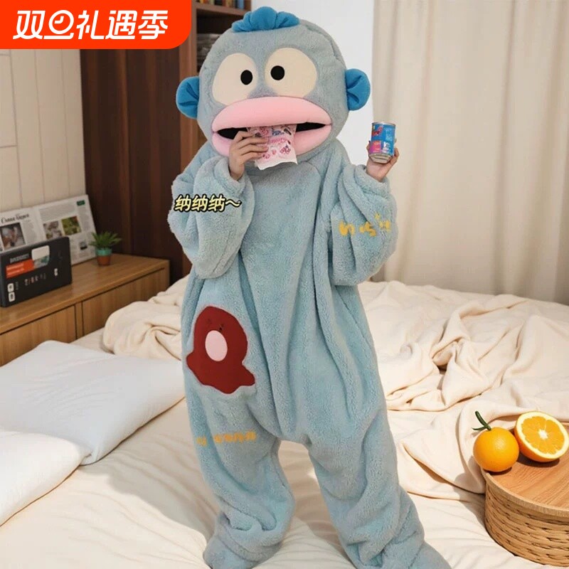 加绒加厚丑鱼汉顿搞怪连体情侣珊瑚绒抽象睡衣男女冬季卡通家居服