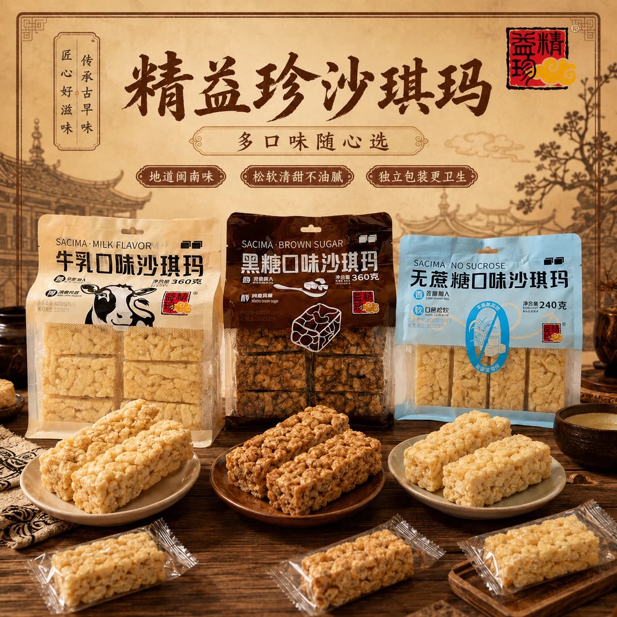 牛乳沙琪玛精益珍糕点零食休闲食品下午茶无蔗糖早餐黑糖健康充饥