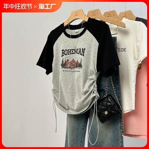 美式复古抽绳不规则短袖t恤女夏季设计感小众插肩修身印花上衣ins