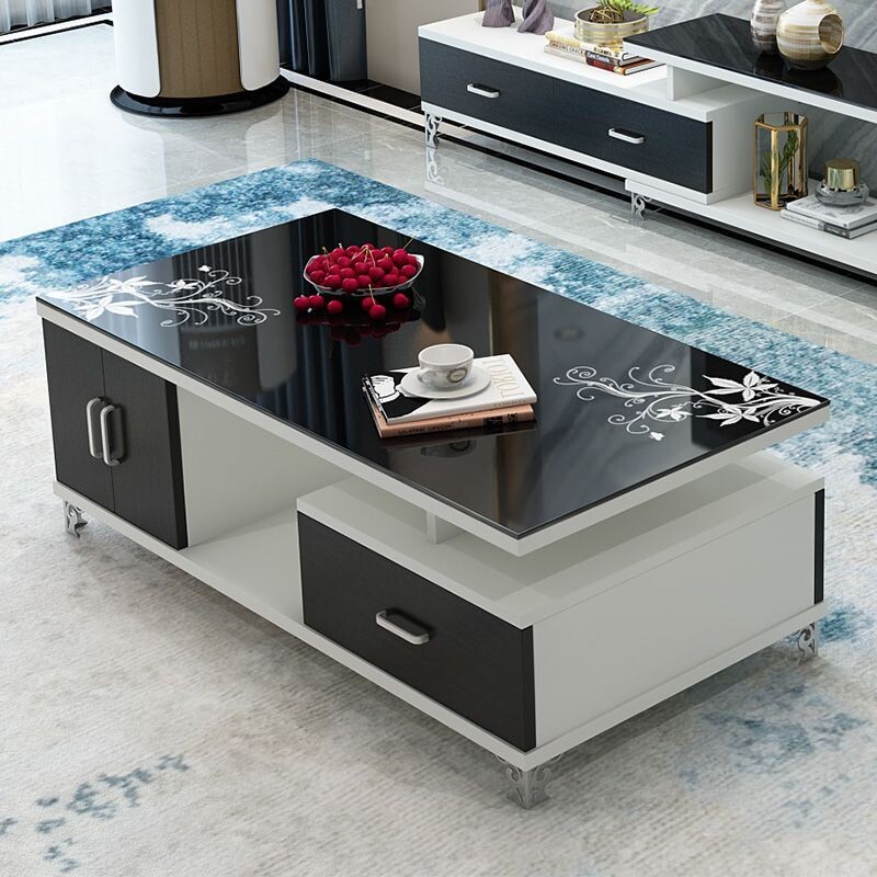 b现代简约烤漆茶几钢化玻璃黑白金色小户型客厅家具电视柜组合加