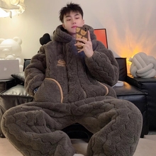 俞兆林男款睡衣加绒加厚秋冬季保暖珊瑚绒三层夹棉冬天连帽家居服