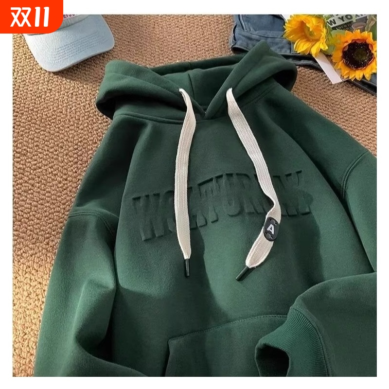 2024卫衣男春秋冬款潮牌美式宽松衣服男生连帽外套加绒红色黑色