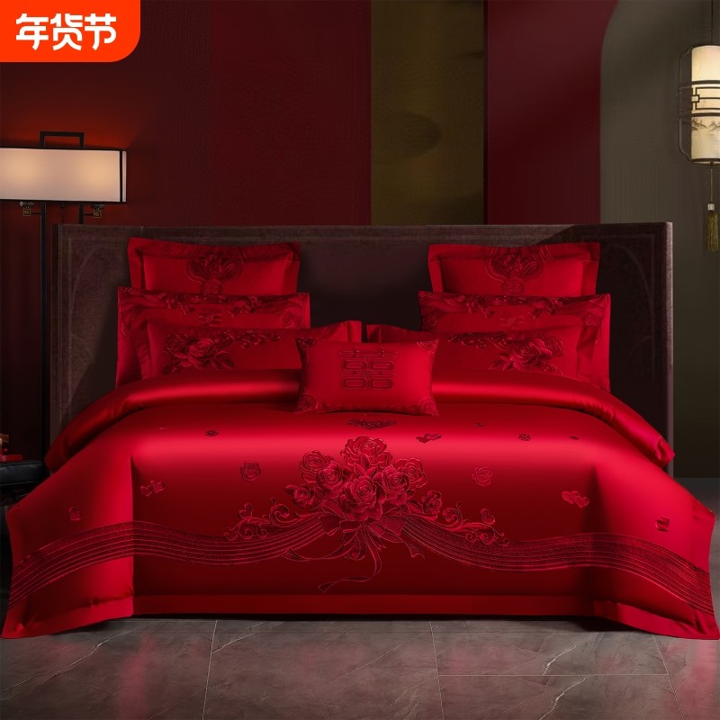 高档婚庆四件套大红龙凤刺绣新婚嫁礼房结婚床上用品喜庆被单床笠,床上用品,婚庆床品套件,淘宝优惠券,粉丝福利购,淘宝优惠卷