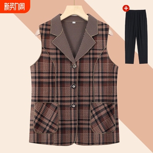 中老年人春秋格子马甲女奶奶秋装 背心薄妈妈翻领洋气老人太太马夹