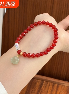 原创天然红玛瑙手串和田玉猫爪本命年女红色吉祥佩戴物