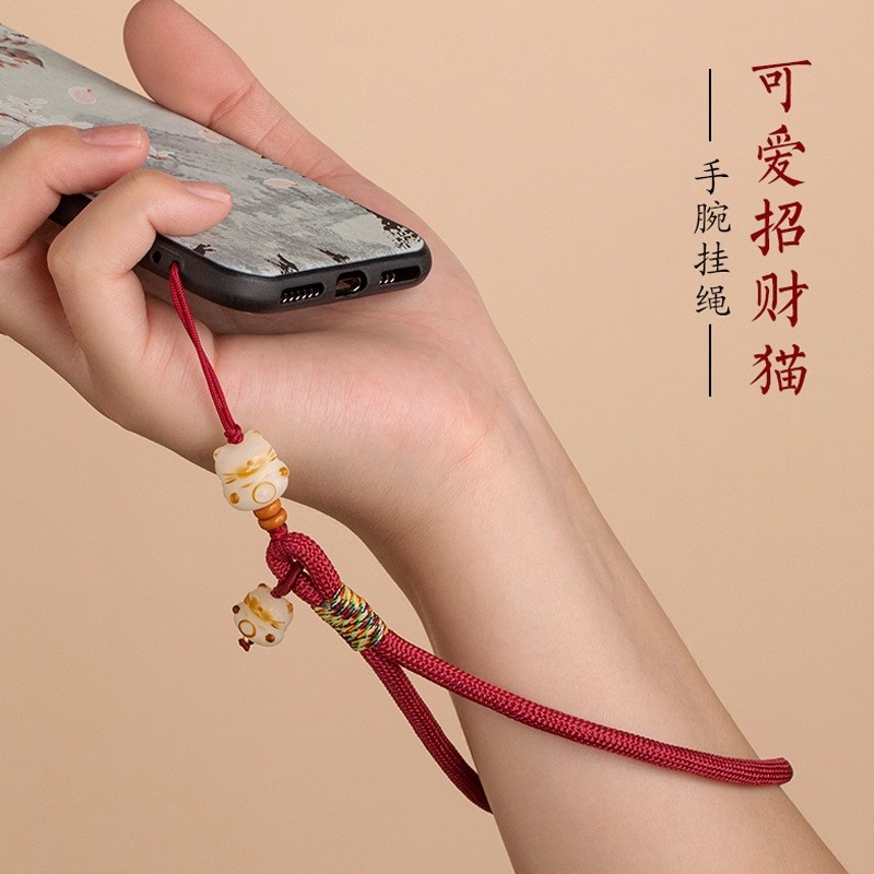 （天然菩提）雕刻炭烧招财猫手腕挂链挂件精致手机挂绳链吊坠纯手工制