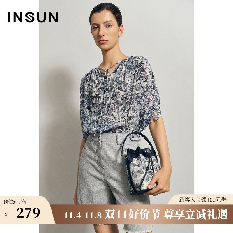 恩裳夏季经典时尚通勤减龄绑带印花桑蚕丝真丝雪纺衫