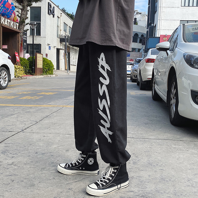 Hong Kong Style location spring loose straight pants drawstring printing casual pants men's pants