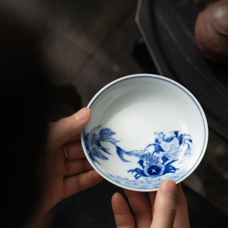 柴窑纯手工手绘青花二甲传胪小壶承景德镇陶瓷壶承干泡盘点心盘