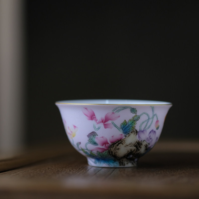 纯手工手绘胭脂红地扒花粉彩虞美人主人杯单杯景德镇陶瓷茶杯茶具