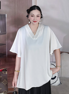 甜觅特大码女装夏季胖mm300斤重工钉钻钉珠中长款V领雪纺衫DF