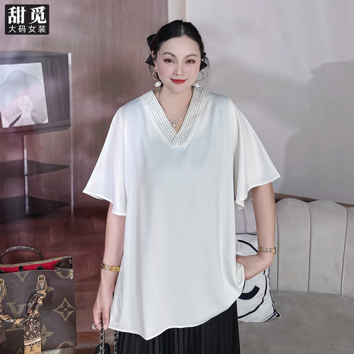 甜觅特大码女装2025夏季胖mm300斤重工钉钻钉珠中长款V领雪纺衫DF