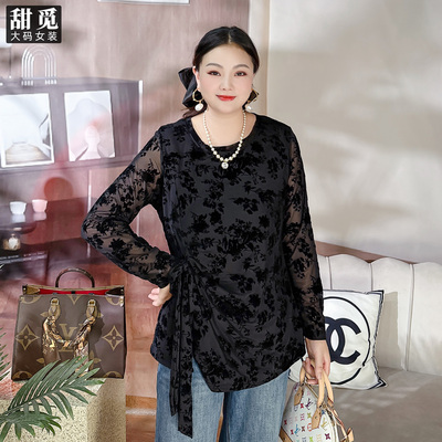 甜觅特大码女装2025秋装胖mm300斤淑女蝴蝶结网纱丝绒提花打底衫