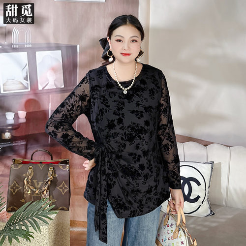 甜觅特大码女装2025秋装胖mm300斤淑女蝴蝶结网纱丝绒提花打底衫