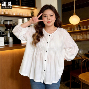 圆领衬衫 甜觅特大码 胖mm300斤胖妹妹牙签褶宽松中长款 春夏装 女装