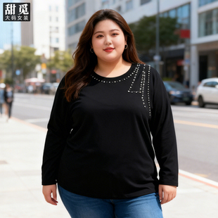 胖mm300斤重工钉珠中长款 2025春秋装 宽松显瘦卫衣 女装 甜觅特大码
