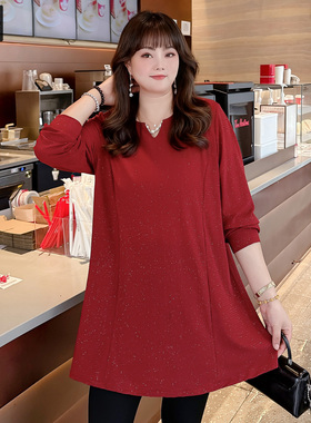 甜觅特大码女装2025秋季胖mm300斤时尚洋气钉珠镂空圆领长款上衣