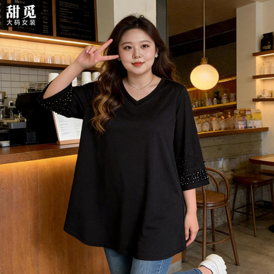 甜觅特大码女装春夏装胖mm300斤加大码胖妹妹重工烫钻长款V领T恤
