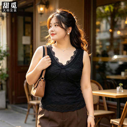 甜觅特大码女装四季百搭胖mm300斤宽松显瘦V领蕾丝衫打底小背心