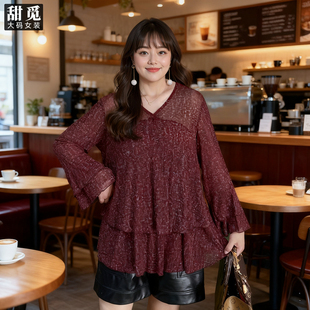 胖mm300斤淑女气质荷叶边V领网纱打底衫 2025春秋装 女装 甜觅特大码